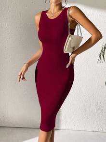 Vestido casual de mujer de unicolor, acanalado y ajustado sin mangas - Burdeos - Ver 1