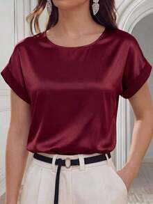 Blusa suelta elegante de verano para mujer con cuello redondo, mangas cortas tipo murciélago y unicolor - Blusas de manga corta - Burdeos - Ver 6