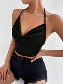 Top halter de cuello con fruncido de espalda abierta con cordón - Negro - Ver 3