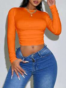 Camiseta Ajustada De Cuello Redondo Y Plisada En Color Sólido - Naranja - Ver 7