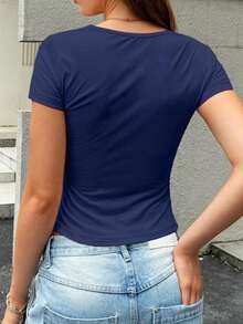 Camiseta de mujer de moda holgada de manga corta con cuello redondo para verano - Azul marino - Ver 2