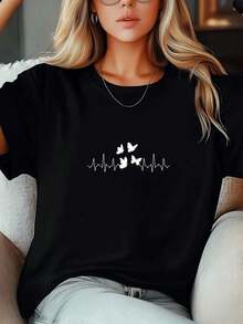 1 Piece Of Beautiful Blouses For Women's Clothing Women's Shirts Butterflies And Heartbeats 180G Black And White T-Shirt, Butterfly Print, High Quality Print, Round Neck, Basic Loose Size, For Men And Women, Breathable, Versatile, Machine Washable, Breathable, Comfortable, Size S ~ 3XL, Daily, Casual, Sports, Essential For Summer. - 白色 - 查看 5
