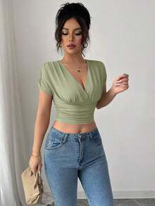 Camiseta casual de mujer con cuello en V y cruce en la cintura - Verde lima - Ver 5