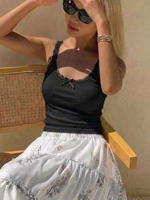 Camiseta sin mangas de mujer con encaje, parches y lazo, ajuste ceñido, casual y sexy - Negro - Ver 4