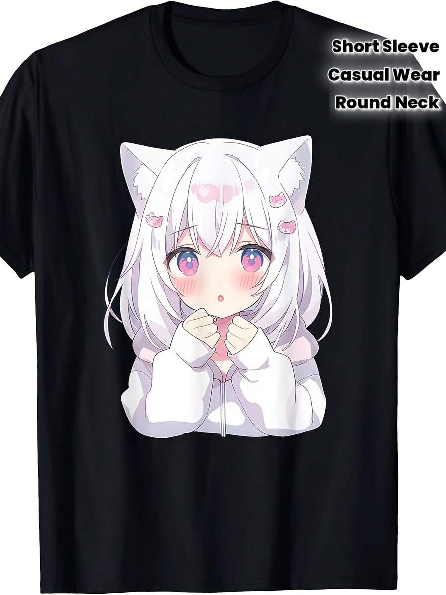 Camiseta con estampado gráfico, manga corta y cuello redondo, top casual para verano y primavera, ropa de mujer - Negro - Ver 1