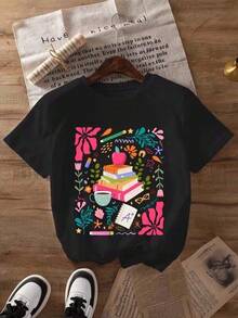 1pc Camisetas para mujer,Camisetas Para Hombre,cuello redondo,estilo urbano juvenil,estilo streetwear,diseño de moda callejera,ideal para uso informal diario - Negro - Ver 1