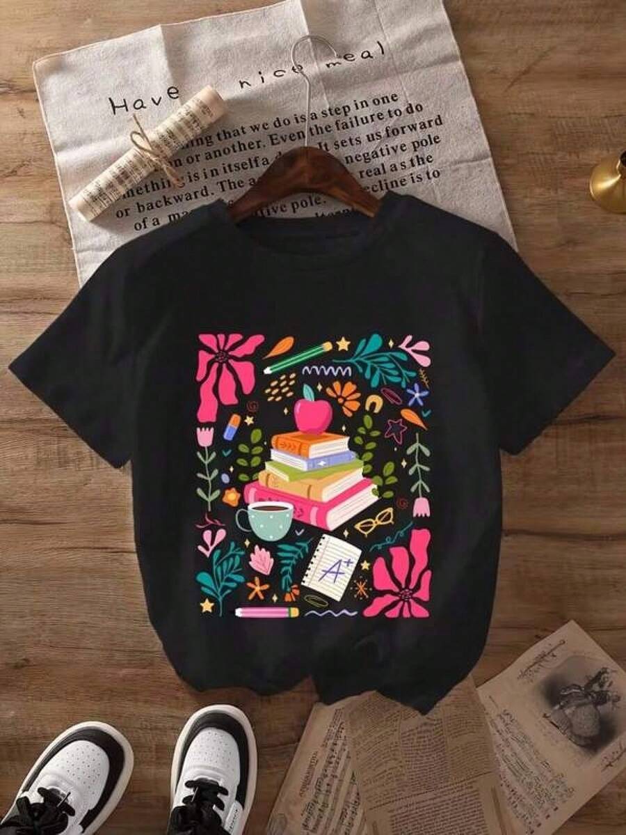 1pc Camisetas para mujer,Camisetas Para Hombre,cuello redondo,estilo urbano juvenil,estilo streetwear,diseño de moda callejera,ideal para uso informal diario - Negro - Ver 1