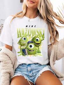 Women's Printed T-Shirt Featuring Three Different Mike Wazowski Looks From Monsters, Inc. This Crew Neck Summer T-Shirt Is Made From Soft, Comfortable 100% Cotton Fabric, Perfect For Everyday Wear, Outdoor Activities, Or Shopping. It's Also An Ideal Choice For Women's Vacation Wear. - 白色 - 查看 1