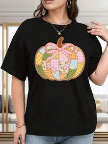 Plus Size Graphic Tee For Women, Pumpkin Print, Casual Summer Tees For Women, 100% Cotton, Soft, Breathable, Loose Fit, Summer Clothes For Women, Streetwear, Party And Festival Outfit, Suitable For Spring, Summer And Autumn. - 黑色 - 查看 1