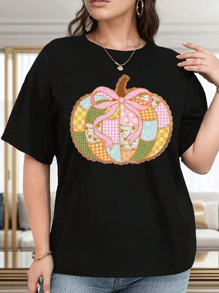 Plus Size Graphic Tee For Women, Pumpkin Print, Casual Summer Tees For Women, 100% Cotton, Soft, Breathable, Loose Fit, Summer Clothes For Women, Streetwear, Party And Festival Outfit, Suitable For Spring, Summer And Autumn. - 黑色 - 查看 1