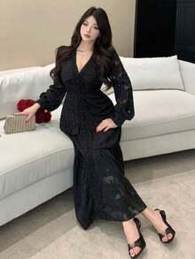 Vestido midi elegante de mujer con cuello en V de encaje y parches, volantes en el bajo, vestido largo de otoño - Negro - Ver 9