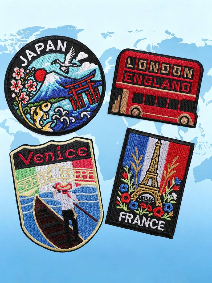 4件套国家/城市旅行图案刺绣布贴,国家/城市纪念徽章,可熨烫/缝制于衣服、夹克、包包、帽子等,个性化旅行纪念品,也适合装饰护照夹 - 旅行 - 查看 1