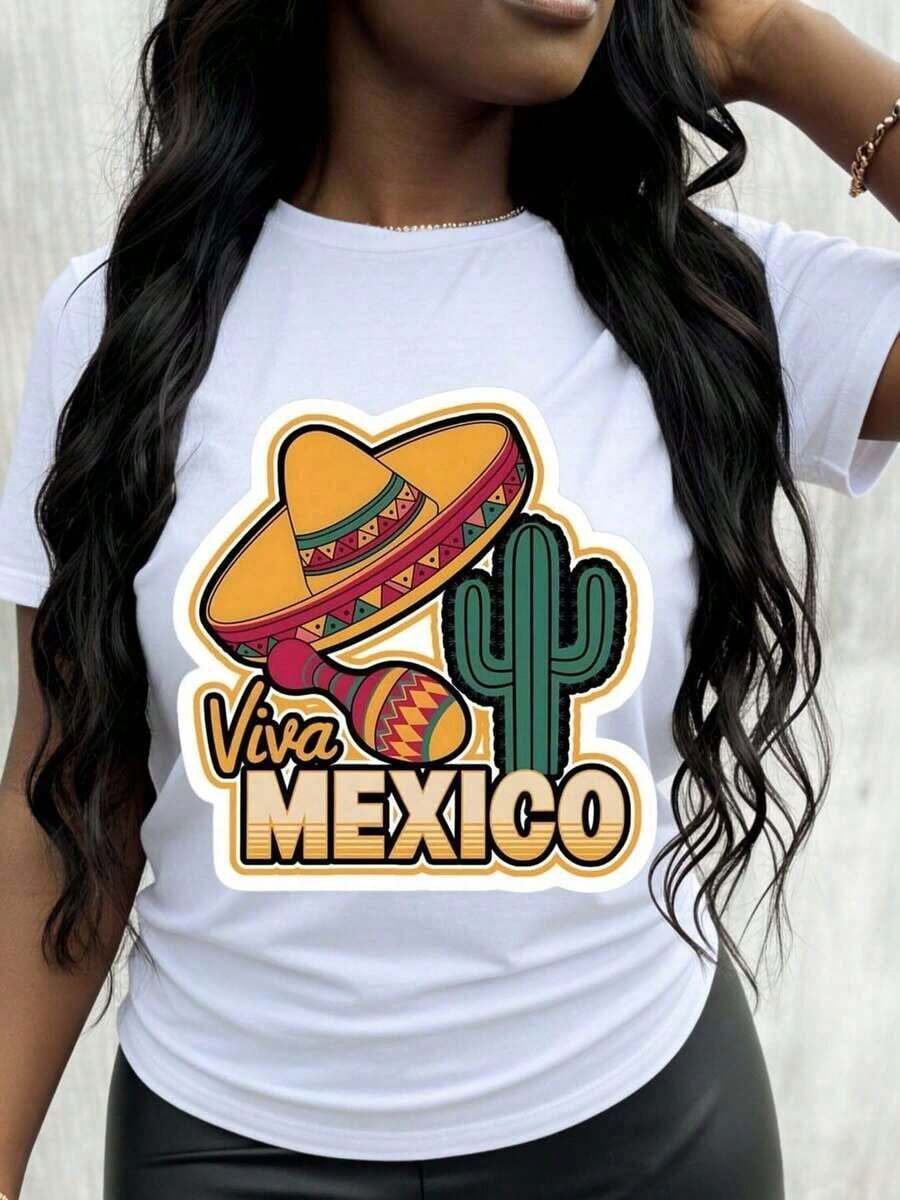 Women's Casual Style T-Shirt With A Viva Mexico Design, Featuring A Sombrero, Cactus, And Maracas. Ideal For Summer Festivals, A Gift For Friends And Family. Short-Sleeved T-Shirt. - 白色 - 查看 1