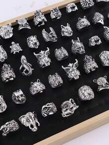 Juego de 5/20/30 piezas de anillos para dedo estilo punk, diseño aleatorio, tamaño aleatorio, animales: tigre, tortuga, elefante, serpiente, gato, búho, unisex - Multicolor - Ver 1