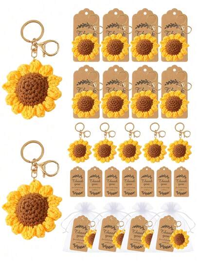 Set de regalo de 12 piezas de llaveros de girasol de ganchillo, incluye 4 llaveros de girasol hechos a mano + 4 tarjetas de agradecimiento + 4 bolsas de lino. Ideal para vacaciones/graduación, regalos del Día de la Madre o recuerdos de fiesta