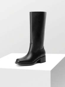 Women's Mid Calf Riding Boots Square Toe Retro Banana Boots Chunky Block Heel Pull-On Fashion Boots - Black - View 3