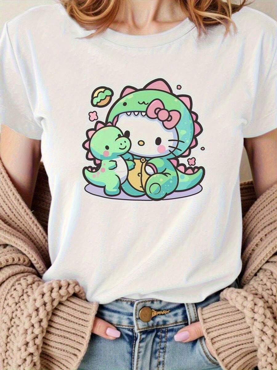 Women's Graphic T-Shirt With Dinosaur Design - Cute Kawaii Anime T-Shirt In Pastel Pink And Green Featuring A Dinosaur, Casual Short-Sleeved And Lightweight Top For Informal Outfits, Comfortable Fit For Anime Fans And Lovers. | Exquisite Design | Loose And Comfortable | Easy To Match | - 白色 - 查看 1