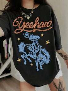 vintage [Estampado de mezclilla/Imitación de mezclilla] Camiseta de vaquera del Oeste Salvaje para mujer - Top suave de manga corta con cuello redondo, estampado de "Yeehaw", diseño de caballos y cactus, eslogan de vaquera del Oeste - Blusa casual con estampado de vaca para primavera, verano y otoño (lavable a máquina)  top playeras de mujer>basico - Negro - Ver 7
