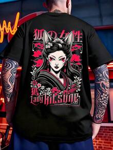 Japanese Anime Nine-Tailed Fox T-Shirt - Fox Girl Print And Saying Design, Casual Short-Sleeved Round Neck T-Shirt, Suitable For Street Fashion, Themed Events, And Casual Wear - Machine Washable Anime Style Top. Birthday Dress, Party Dresses, Rave Wear, Women's Office Wear, Curvy Clothing, Women's Casual Dresses, Women's Gym Wear, Stylish Resort Wear, Unisex Classic Graphic T-Shirt VGS6 - Black - View 1