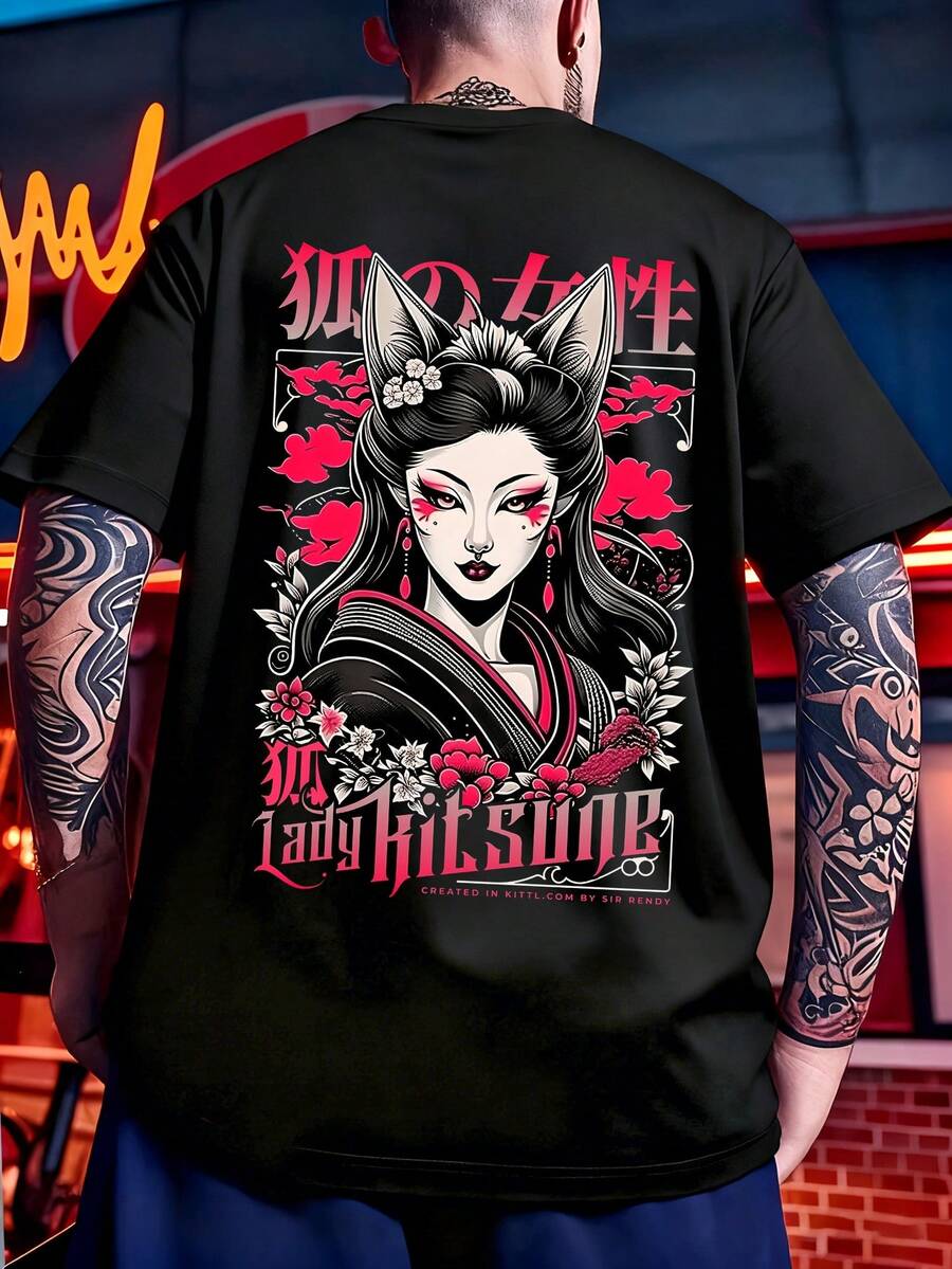 Japanese Anime Nine-Tailed Fox T-Shirt - Fox Girl Print And Saying Design, Casual Short-Sleeved Round Neck T-Shirt, Suitable For Street Fashion, Themed Events, And Casual Wear - Machine Washable Anime Style Top. Birthday Dress, Party Dresses, Rave Wear, Women's Office Wear, Curvy Clothing, Women's Casual Dresses, Women's Gym Wear, Stylish Resort Wear, Unisex Classic Graphic T-Shirt VGS6 - Black - View 1