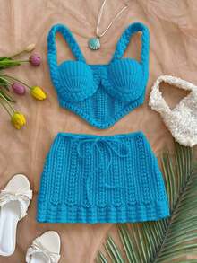 Conjunto de 2 piezas de top corto de ganchillo con tirantes finos y falda de cintura baja, adecuado para festivales de música, estilo bohemio, citas de vacaciones, tarde de té - azul real - Ver 4