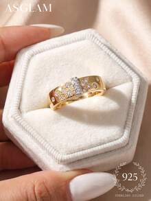 1 chiếc nhẫn bạc 925 mạ vàng và đính đá Cubic Zirconia trắng, thanh lịch và thời trang, thích hợp làm quà tặng kỷ niệm/sinh nhật. - Vàng - Xem 7