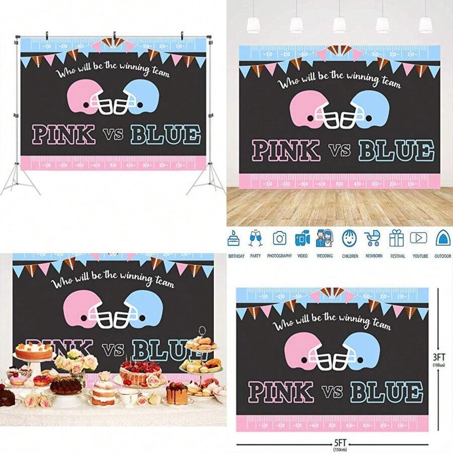 Ticuenicoa Pink or Blue Gender Reveal Backdrop Sports Themed Babyshower Party Background He or She Banner Football Baby Shower Photo Booth Props Girl or Boy Party Decorations Cake Table Banner 5x3ft - Azul rosa - Ver 1