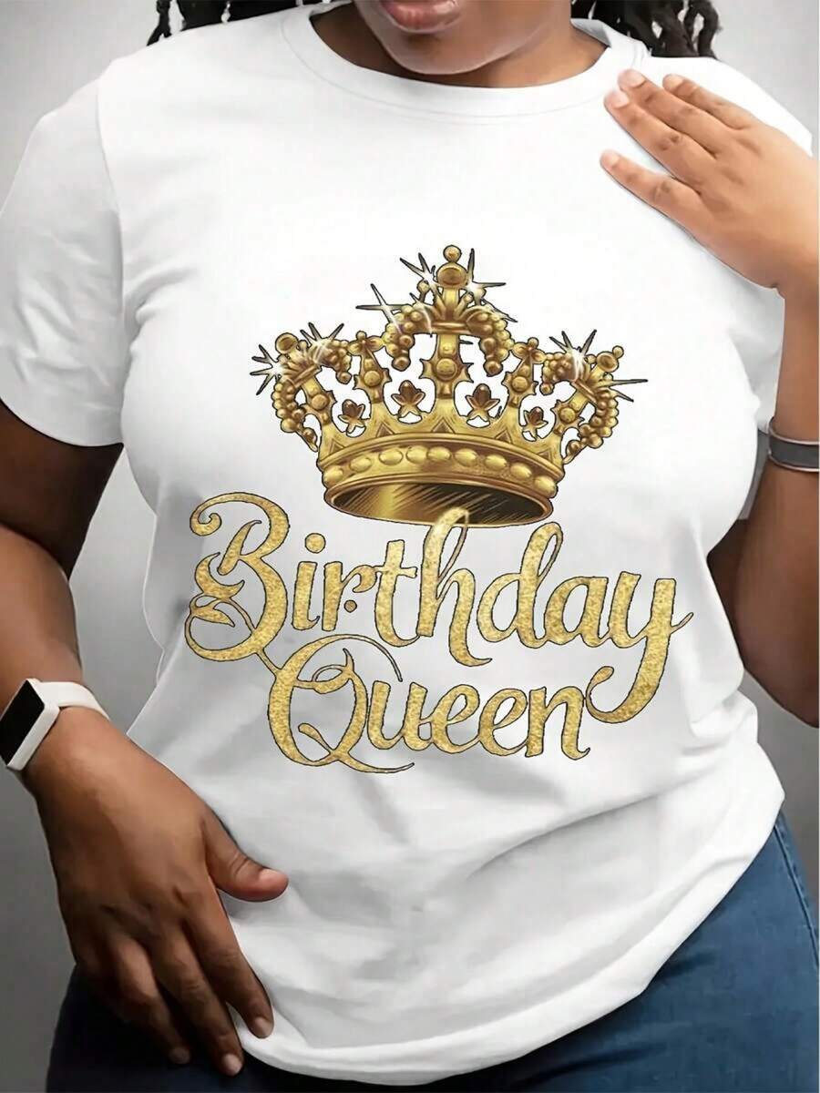 Women's Black Short-Sleeved T-Shirt With A Gold Crown Design For The Birthday Queen, Embodying American Vintage Style; Modern, Casual, Versatile, Comfortable, And Breathable. - 白色的 - 查看 1
