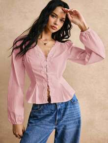 Camisa de algodón blanco con detalles de botones y bordado de encaje en la cintura, camisa de manga larga, camisa de cintura, blusa de encaje, camisa de encaje, camisa de algodón, detalles de cintura elegantes, para uso diario, salida de trabajo, - Rosa - Ver 3