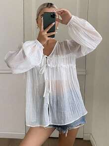 Camisa de mujer casual y versátil de unicolor con lazo - Blanco - Ver 5