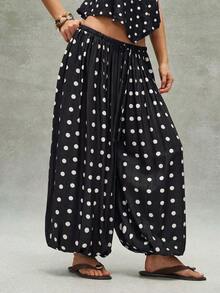 Pantalones sueltos de mujer con cordón y estampado de lunares tejido informal - Blanco y Negro - Ver 4