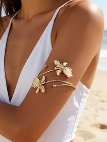 1pc Women's Bohemian Vacation Gilded Resin Flower Bangle, Minimalist Line Design, Suitable For Beach, Party, Photo Shoot, Elegant Arm Decoration - Golden - View 2