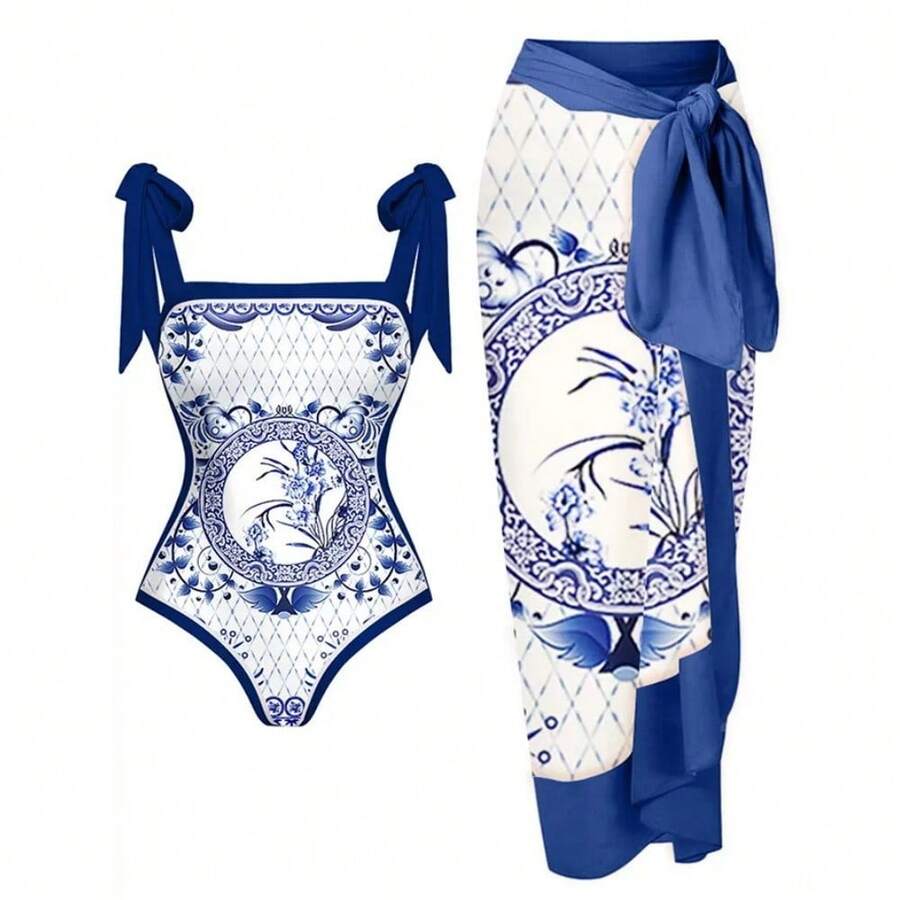 Women's One-Piece Swimsuit, Sexy Bikini With Long Lace-Up Skirt, Three-Piece Set. - 蘭花 - 查看 1