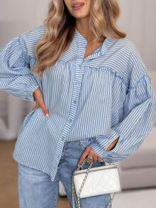 2026 New Ruched Striped Long Sleeve Shirt With Front Buttons, Casual Wear For Spring And Summer - Blue - View 5