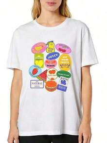 Nueva camiseta de mujer a la moda con estampado de frutas, corte holgado, cuello redondo, mangas cortas, suave y cómoda, adecuada para el uso diario casual de las madres, y también una opción ideal para regalos de cumpleaños y ropa de verano para mujer. Camiseta unisex de estilo callejero vintage, de corte holgado, de algodón puro, de manga corta y cuello redondo. - Blanco - Ver 2