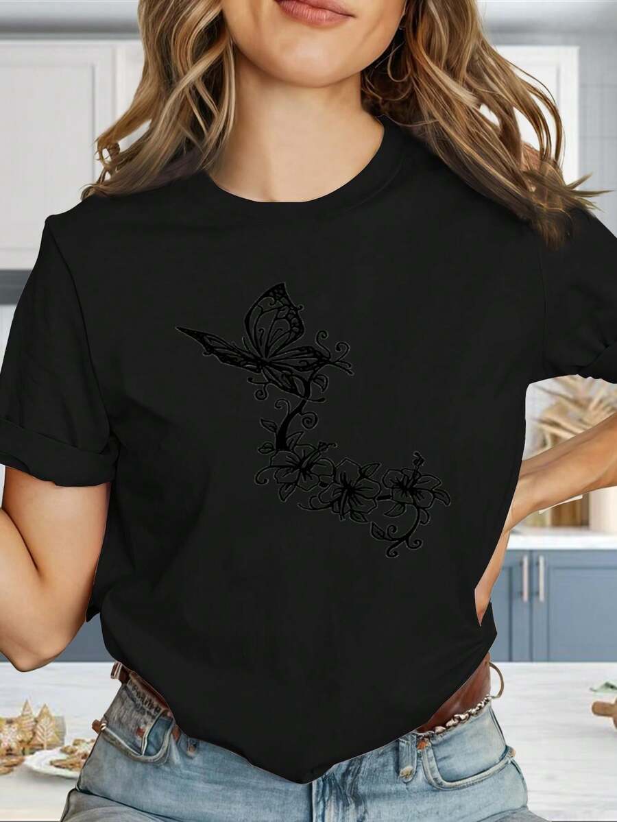 Camiseta cómoda y elegante para mujer "Camiseta de mujer estilo Y2K con estampado de mariposas y logotipo geométrico - Camiseta de manga corta de corte ajustado, combinación de colores negro y dorado, camisa casual de verano, tela elástica lavable a máquina (antiarrugas), adecuada para uso casual y para combinar con otras prendas. " UUVZ - Negro - Ver 1