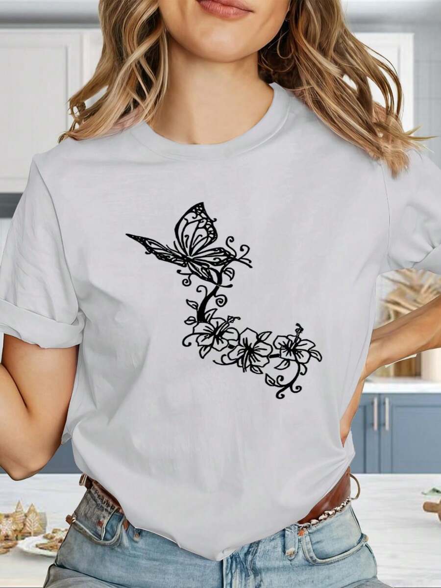 Camiseta cómoda y elegante para mujer "Camiseta de mujer estilo Y2K con estampado de mariposas y logotipo geométrico - Camiseta de manga corta de corte ajustado, combinación de colores negro y dorado, camisa casual de verano, tela elástica lavable a máquina (antiarrugas), adecuada para uso casual y para combinar con otras prendas. " UUVZ - Blanco - Ver 1