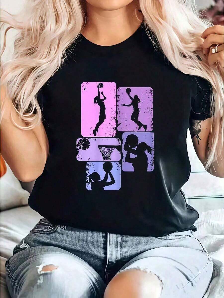 Camiseta Estampada De Baloncesto Para Mujer, Niña Y Niños - Camiseta Casual De Cuello Redondo De Manga Corta Cómoda Para Primavera Y Verano - Ropa De Mujer Summer Essentials,Summer Outfits For Women,Graphic Tees blusas para mujer camisa - Negro - Ver 1
