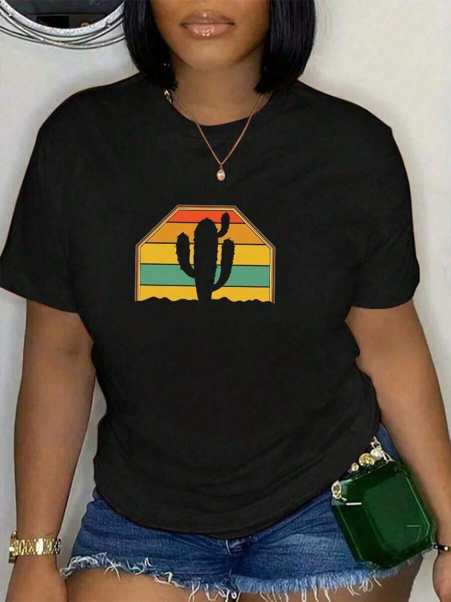 Camiseta mujer Trapezoidal Cactus estampado Primavera Verano Casual Suelta Cuello redondo Manga corta - Negro - Ver 1