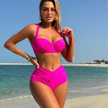 Traje de baño bikini de cintura alta de color sólido y estilo sexy, nuevo en - Rosa Fucsia - Ver 2