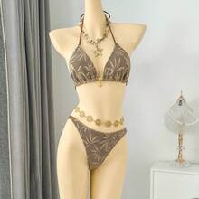 Traje de Baño de Tres Piezas con Estampado de Hojas y Pantalones Largos de Tela Compuesta, Nuevo 2026 - 9392 hojas son de color marrón claro. - Ver 6