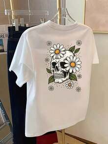 Camiseta de manga corta de talla grande para mujer - Camiseta básica casual de corte holgado, elegantes tops de poliéster, camiseta de manga corta con estampados de calaveras y margaritas - Camiseta estampada de primavera/verano para mujer, artículo de moda, transpirable y cómoda. - Blanco - Ver 2