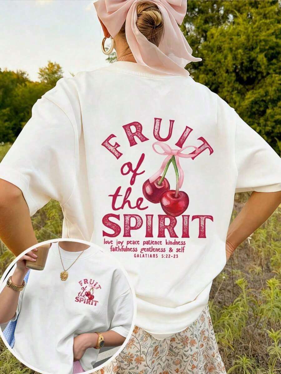 Nueva Colección Verano Casual 2026 Primavera/Verano, Camiseta de Manga Corta para Mujer con Cuello Redondo, Estampado de Cerezas y Letras, Estilo Casual y Moderno, Estampado a Doble Cara, Estilo Urbano Vintage, Unisex, de Algodón, Cuello Redondo. - Blanco - Ver 1