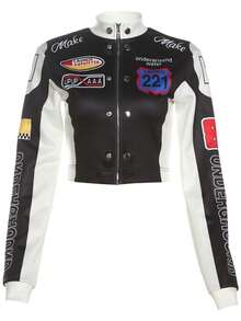 Chaqueta tipo béisbol estilo retro americano con estampado manga larga diseño sexy corte ombliguero - Negro - Ver 8