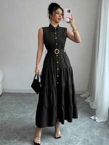 Women's Single-Breasted Sleeveless Shirt Dress With Ruffled Hem In Solid Color - Black - View 5