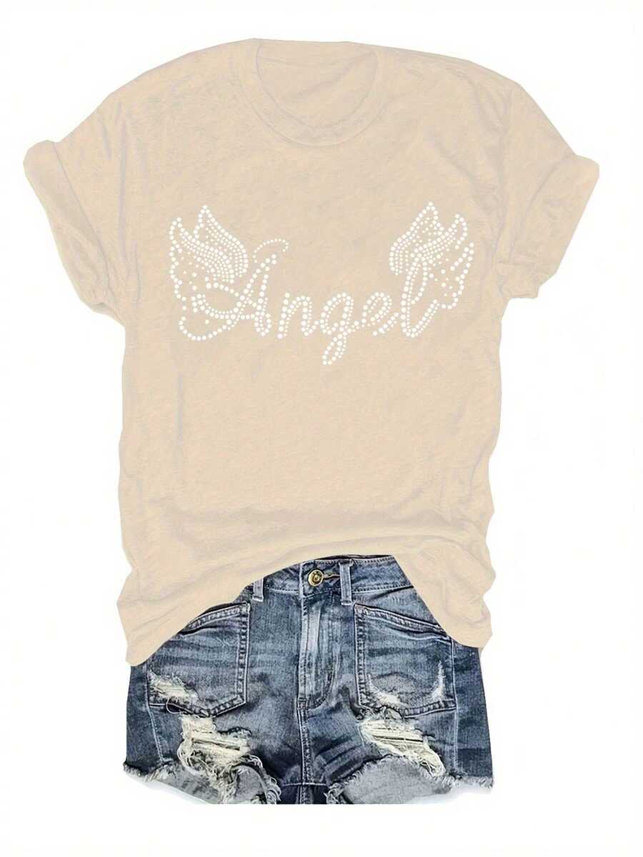 Talla Grande - Talla Grande - Camiseta Casual de Talla Grande con Mangas Cortas y Estampado de Letras, Adecuada para Verano y Primavera, Ropa de Talla Grande para Mujer - Albaricoque - Ver 1