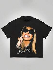 Camiseta Negra con Gráfico de Celebridad Femenina y Firma, Estilo Cultura Pop, 220 Gramos de Algodón Grueso, Verano y Otoño, Camiseta Casual Cómoda Unisex - Negro - Ver 8