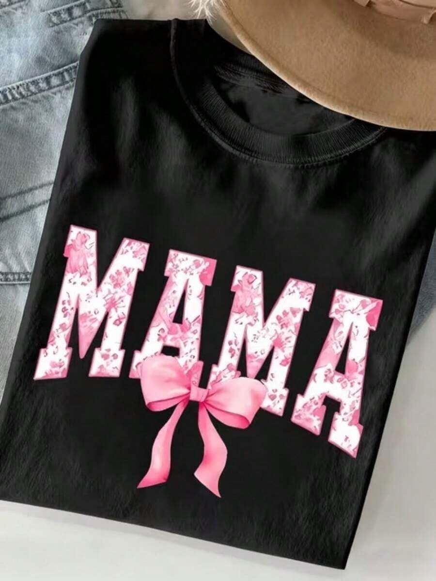 Ropa de Mujer a la Moda de Talla Grande, Camiseta Casual de Manga Corta con Estampado Floral 'MAMA' y Lazo Rosa, Ropa Casual para el Día a Día, Deportes y Vacaciones - Negro - Ver 1