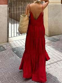 Vestido mujer primavera nuevo liso pliegues corte ajustado elegante estilo oficina moda europea chic - Rojo - Ver 4