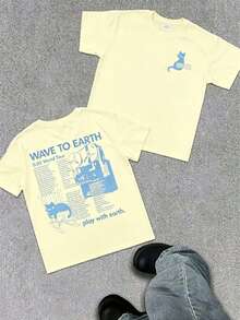WAVE TO EARTH Play With Earth Letters Kitten Print Men's T-Shirt, Simple Art Harajuku Style, Band Music Kitten T-Shirt, Fashion Casual Loose Men And - 淡黃色 - 查看 1